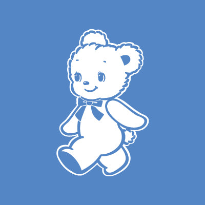 A cute cartoon bear walking, wearing a bow tie, on a blue background.